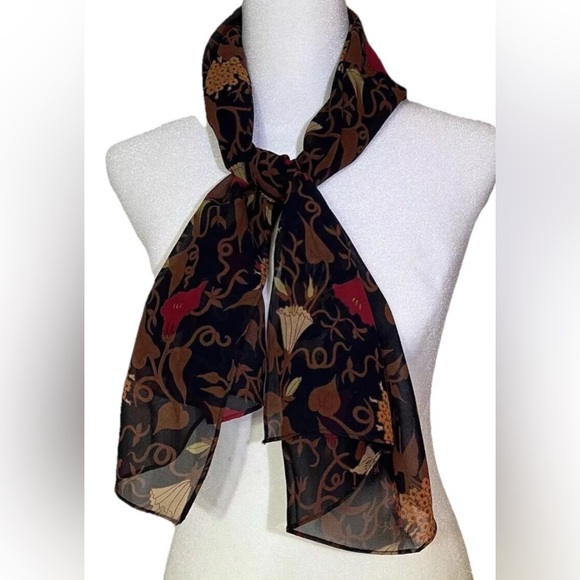 100% Silk Scarf Rectangle Sheer Made in Korea Black Brown Red Yellow Floral - Picture 4 of 12